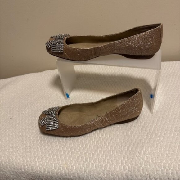 Jessica Simpson Gold Glitter Square Toe Flats Rhinestone Bow Bling Party Sz 6M - Picture 1 of 4
